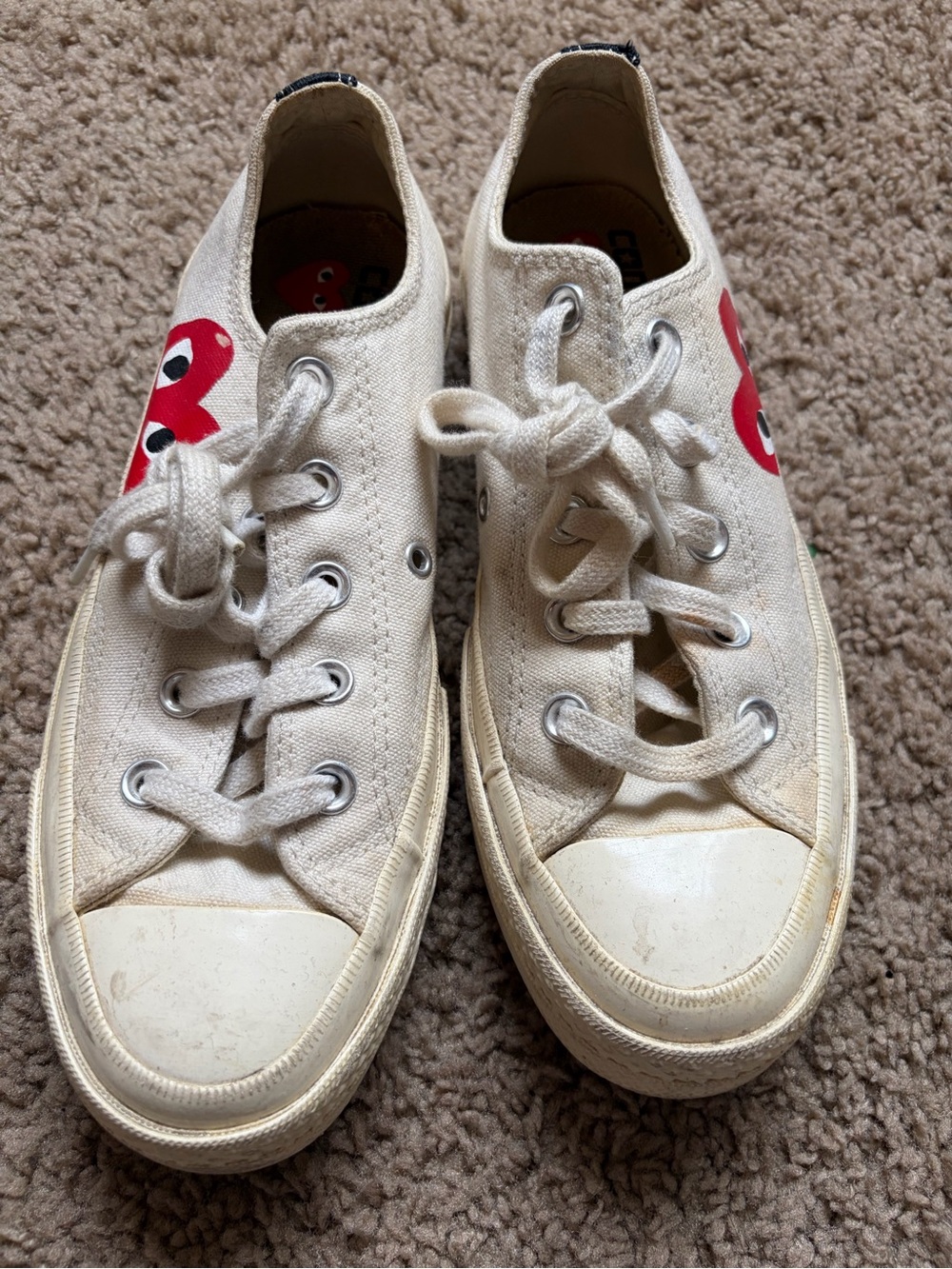 Comme des Garcons White Canvas Sneakers with Red Heart Detail